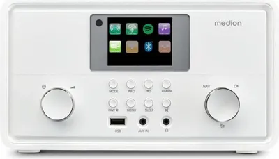 Obrázok produktu pre MEDION P85027 Internetové rádio (DAB Plus, FM rádio, Spotify Connect, WLAN, Bluetooth, streamovanie, ekvalizér, farebný displej, USB, AUX, budík, funkcia odloženia budíka, Sleep Timer) biela