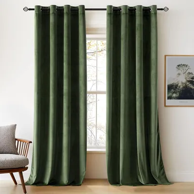 Image de Rideaux occultants, ensemble de 2, 140 x 215 cm, en velours, isolants, couleur olive, pour chambre à coucher