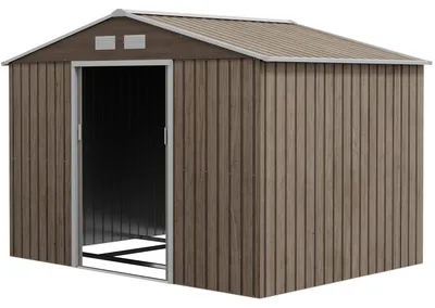 Zdjęcie produktu dla Szopa na narzędzia 4,9 m², szopa ogrodowa z dwuspadowym dachem, drzwi przesuwne, fundament, 277 x 195 x 192 cm, szopa na narzędzia ze stali ocynkowanej, odporna na warunki atmosferyczne, do ogrodu, jasnobrązowy