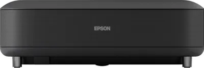 A black Epson projector is shown from the front on a white background.