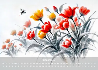 Image de raxxa Calendrier mensuel Premium China Flowers 2026, horizontal A3
