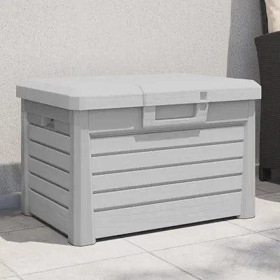 Imagen del producto de Caja de almacenamiento para exteriores, color gris, fabricada en polipropileno, con dimensiones de 73 x 50,5 x 46,5 cm, capacidad de 120 litros, con cierre, resistente a la intemperie, ideal para jardín, balcón y terraza. Tapa con aspecto de madera