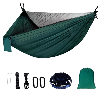 Produktbild von Hängematte für den Außenbereich mit Moskitonetz, 290 x 140 cm, aus Fallschirm-Nylon, 300 kg Tragfähigkeit, ultraleichte Reise- und Campinghängematte in Armeegrün