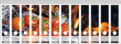 Produktbild von Wallario Ordnerrücken Sticker, selbstklebend für breite Ordner, 12 Stück, Motiv Tomaten und Steak auf einem Grill