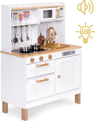 Immagine prodotto di Cucina gioco per bambini in legno con suoni e LED, grande, con mobili apribili e 7 accessori, ECOTOYS