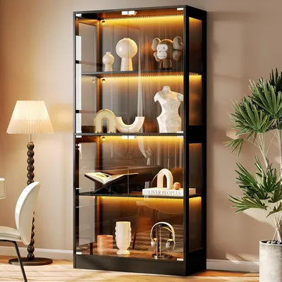 Produktbild von Flieks LED Vitrine mit 4 Ebenen Stauraum, App-gesteuertes LED-Licht, Glas Sammlungsvitrine Transparent, Push to Open Türen, Vitrine80x35x170cm,Schwarz