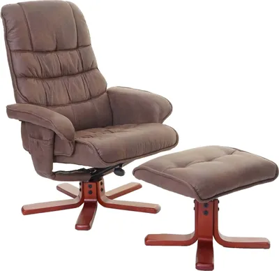 A brown recliner chair and ottoman are shown against a white background.