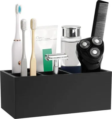 Obrázek produktu pro Hygienický držák na zubní kartáčky z pryskyřice s 5 přihrádkami pro pořádek v koupelně – černý