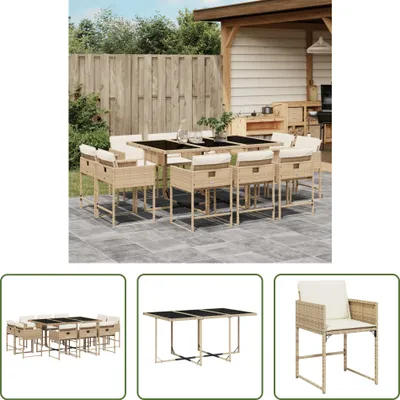 Produktbild von The Living Store 11-tlg. Garten-Essgruppe mit Kissen Beige Poly Rattan