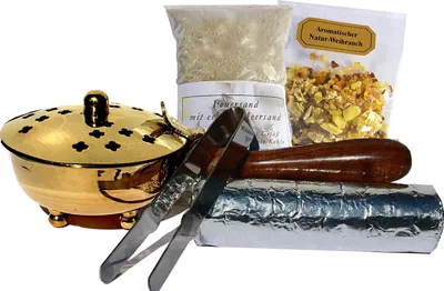 Produktbild von Räucherpfanne Set 5 teilig Räuchergefäß zum Räuchern von Weihrauch, Harzen, inkl. Weihrauch, Räucherkohle, Räuchersand, Räucherzange