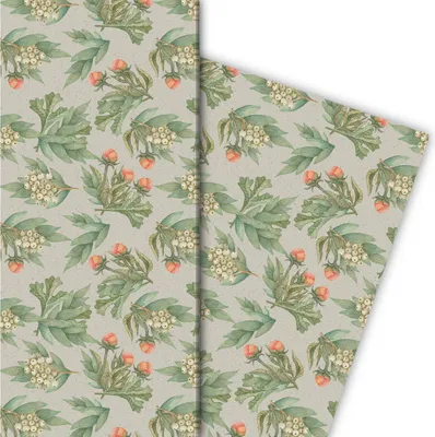 Produktbild von Blumen Geschenkpapier mit Pfingstrosen und Blättern in beige - G6389, 32 x 48cm