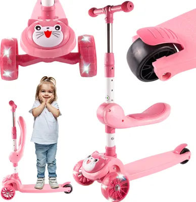 Produktbild von Malplay Dreirädriger faltbarer Roller LED-Räder Kitten 2in1 Pink robust leicht 4-stufige Höhenverstellung