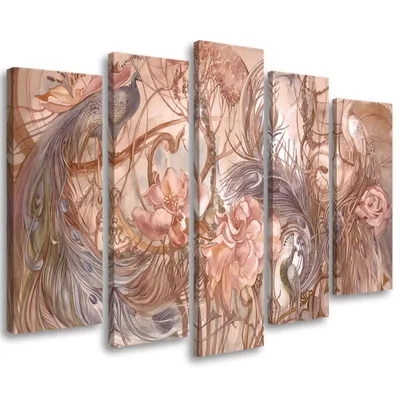 Produktbild von 5-teiliges leinwandbild magischer pfau 150x100 cm Feeby braun wandbild bereit zum aufhängen