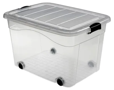 Produktbild von Transparente Aufbewahrungsbox 100 Liter mit Deckel und Klickverschluss, 690 x 515 x 420 mm, inkl. Rollen