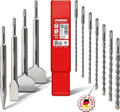 Zdjęcie produktu dla Zestaw wierteł i dłut SDS Plus 11-częściowy, 7 wierteł 6-14 mm, 4 dłuta, do młotowiertarki