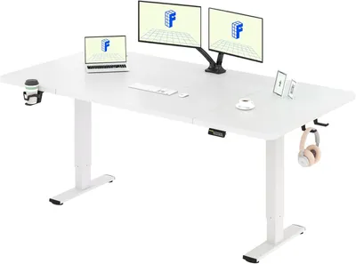 Obrázek produktu pro Elektricky výškově nastavitelný psací stůl 160x75 cm, bílý, s držákem na nápoje a paměťovými funkcemi