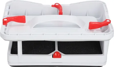 A white and red filter holder for a dryer.