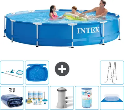 Produktbild von Intex-Schwimmbecken mit rundem Rahmen – 366 x 76 cm – Blau – im Lieferumfang enthalten Sonnensegel - Wartungspaket - Filterpumpe für Schwimmbad - Filter - Bodenplane - Reinigungskit