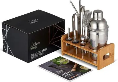 Immagine prodotto di Set di shaker per cocktail - Set professionale per barman - 13 pezzi - Acciaio inossidabile - Con supporto in legno