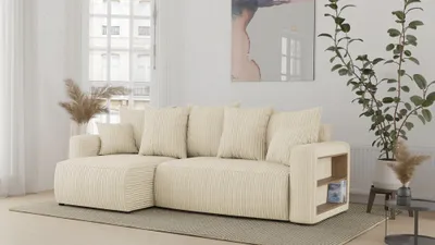 Zdjęcie produktu dla Sofa narożna z funkcją spania i podstawą łóżka SOLERO - sofa w kształcie litery L, sofa narożna, sofa rozkładana ze schowkiem, sofa z funkcją spania beżowa otomana lewa