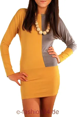 Produktbild von Damen Minikleid Dress Kleid Longshirt Shirt Langarm; Senf/Cappucino/S/M