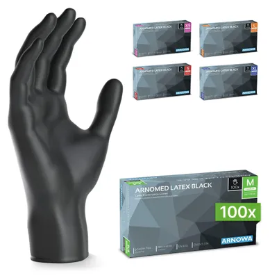 Productafbeelding van ARNOMED latex handschoenen, zwart, poedervrij, maat XS, wegwerphandschoenen | Doos (100 stuks)