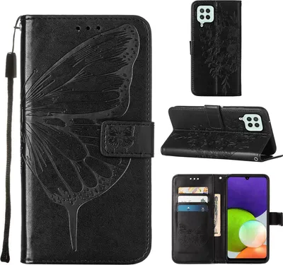 Produktbild von Galaxy A22 4G Hülle, Schmetterling Prägung Flip Leder Kartenfächer Schutzhülle Ledertasche mit Ständer für Samsung Galaxy A22 4G Schwarz