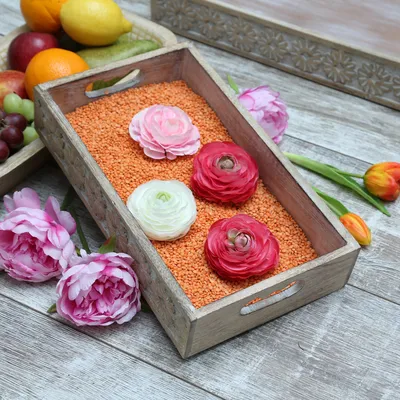 Produktbild von Tablett - Dekotablett - Blumenbordüre - Mangoholz - L: 34,7cm - B: 20cm - weiß gebleicht