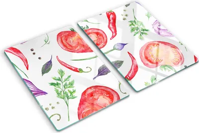 Imagen del producto de Cubierta para placa de cocina – Cubierta para placa de inducción – Placa de vidrio protectora – 2 unidades de 40x52 cm – Placas de vidrio protectoras para cocina – Vidrio templado – Tomates y especias