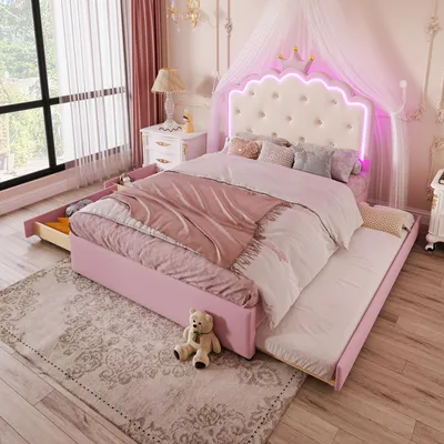 Produktbild von STILVORA Polsterbett 140x200 Kinderbett Ohne Matratze mit Lattenrost, Jugendbett mit Ausziehbett, in Kronprinzessinnenform, Rosa