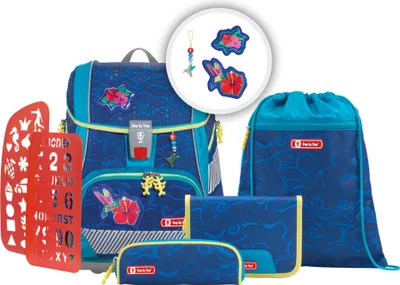 A collection of school supplies including a backpack, pencil case, and drawstring bag, along with stencils and decorative patches.