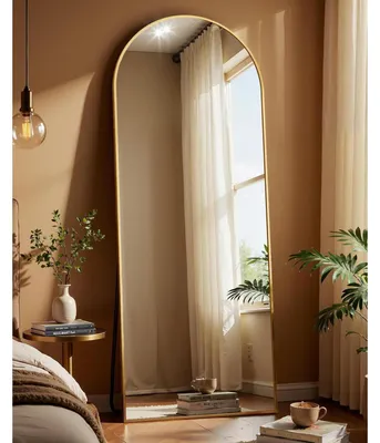 Productafbeelding van Spiegel, geheel, gebogen, 66 x 180 cm, goudkleurig, met standaard, geschikt om op te hangen, veiligheidsglas