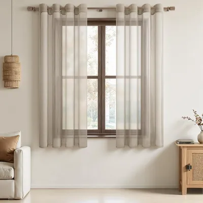 Productafbeelding van Korte gordijnen met oogjes 120 x 140 cm, set van 2, beige, semi-transparant, voor woonkamer