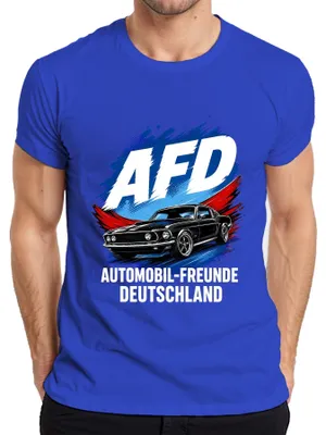Obrázek produktu pro Tričko s potiskem "AFD Automobil Freunde Deutschland Sportwagen", modré barvy, velikost 3XL. (Sarkastický motiv)