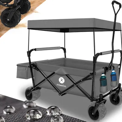 Produktbild von Miweba Bollerwagen MB-10 - Handwagen faltbar - Feststellbremse - 100 kg Tragkraft - 360 Grad drehbar - Sonnenschutz mit UV Schutz (Grau)