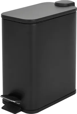 A black pedal trash can with a lid.