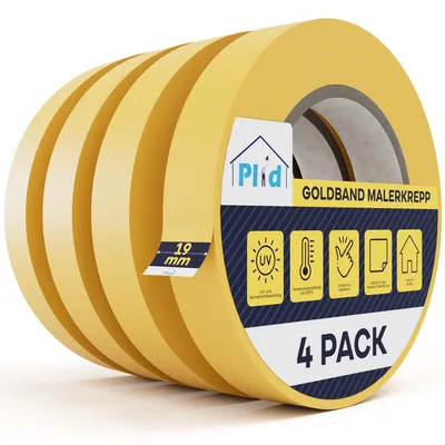 Produktbild von Plid® Goldband Malerkrepp (19mm x 50m, 4 Rollen) - Malerklebeband Nassfest - Innen & Außen - Abklebeband Maler, verhindert Unterlaufen von Farben
