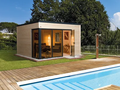 Produktbild von WEKA 412.3830.00.00 Gartenhaus/Blockbohlenhaus Cubilis mit PVC-Dachrinne/Einzeltür/Fensterfront ; Größe: 1 ; Farbgebung: Naturbelassen ; Wandstärke: 45 mm ; Maße (LxBxH): 380 cm x 300 cm x 249 cm ; Seitenwandhöhe: 244 cm