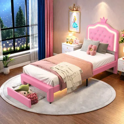 Produktbild von INONEFT Kinderbett 90x200 Prinzessin Bett mit Stauraum und LED, Mädchen Einzelbetten mit verstellbares Kopfteil & Lattenrost,Rosa PU, ohne Matratze