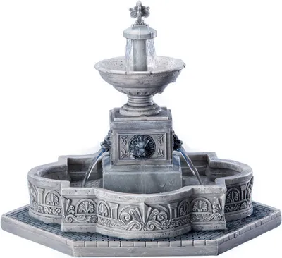 A detailed, close-up view of a decorative, multi-tiered fountain with water flowing.