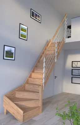 Produktbild von Holztreppe Rhodos in 1/4 gewendelter Ausführung rechts-Eiche-Design Geländer Edelstahl-mit Setzstufen