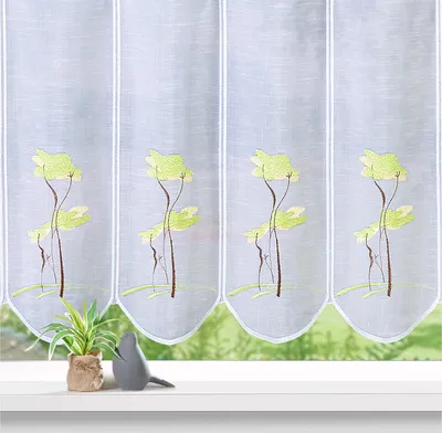 Produktbild von heimtexland ® Scheibengardine Gingko Baum Leinen Optik Weiß Gardine halbtransparent bestickt Bistrogardine Typ745 Grün HxB 60 x 155 cm