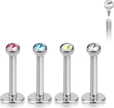 Produktbild von viva-adorno 4 Stück 1,2 x 8 x 2mm Lippen Piercing Stecker Tragus Labretstecker Zirkonia Edelstahl Innengewinde  in verschiedenen Farben Z188, Set gemischt