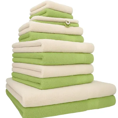 Produktbild von Betz 12-tlg. Handtuch-Set PREMIUM 2 Duschtücher 4 Handtücher 2 Gästetücher 2 Seiftücher 2 Waschhandschuhe  Farbe: sand / avocadogrün