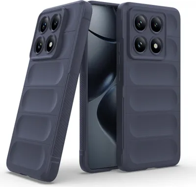 Two dark blue phone cases are shown, one in the foreground and one slightly behind and to the left, with a smartphone visible between them.