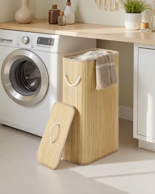 Produktbild von SONGMICS Wäschekorb mit Deckel, 60 L, Wäschesammler Bambus, rechteckig, Wäschebox mit Griffen, faltbar