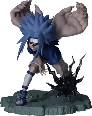 A figurine of Sasuke from Naruto Shippuden in a dynamic pose on a rocky base.