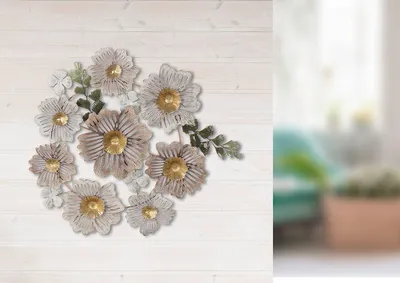 Produktbild von Gilde Wandrelief, "Blumenkreis", Blumenmotiv, Metall, beige, creme, goldfarben, VE 1, L. 5 cm, B. 60 cm, H. 56 cm 84288