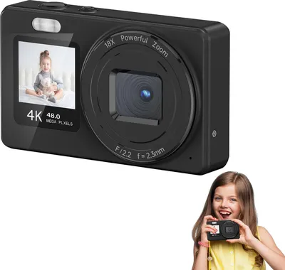Zdjęcie produktu dla Sxhlseller Aparat cyfrowy 4K, podwójny ekran 48 MP, 18-krotny zoom, mały przenośny aparat cyfrowy dla nastolatków (czarny)