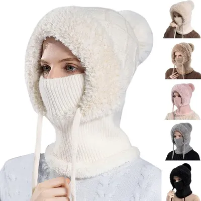 Obrázek produktu pro Dámská zimní čepice 3 v 1 (bílá), pletená čepice se šálou a maskou na obličej, nepromokavá čepice s ochranou obličeje, ideální pro outdoorové aktivity, skvělý vánoční dárek